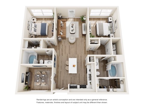 A floor plan of a house with a kitchen, living room, dining room, and two bedrooms.